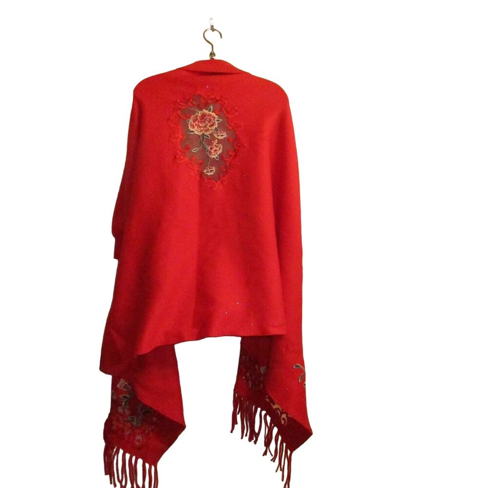 Cape Top Cover Up Open Sweater Shawl Rhinestone Floral Embroidered Mesh Vintage